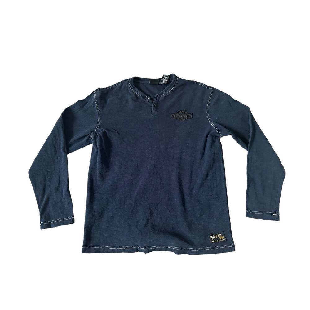 Harley Davidson Blue L/S Henley Thermal Embroidered Mens Large Shirt
